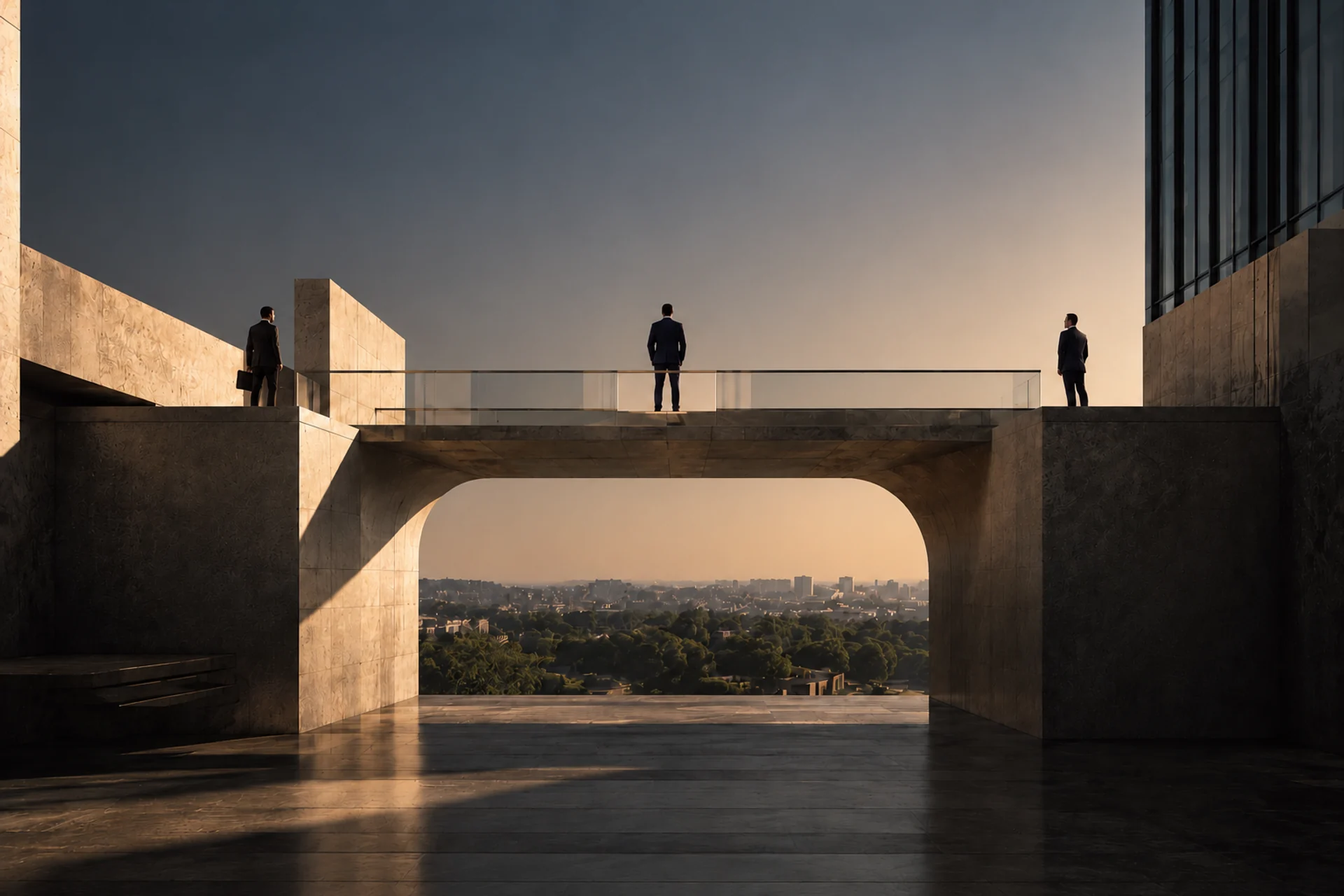 Three professionals on a stone bridge connecting borrower, Span and lender